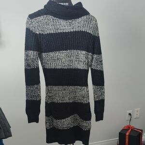 Suzy Shier Navy and Cream Striped Cowl Neck Sweater Dress